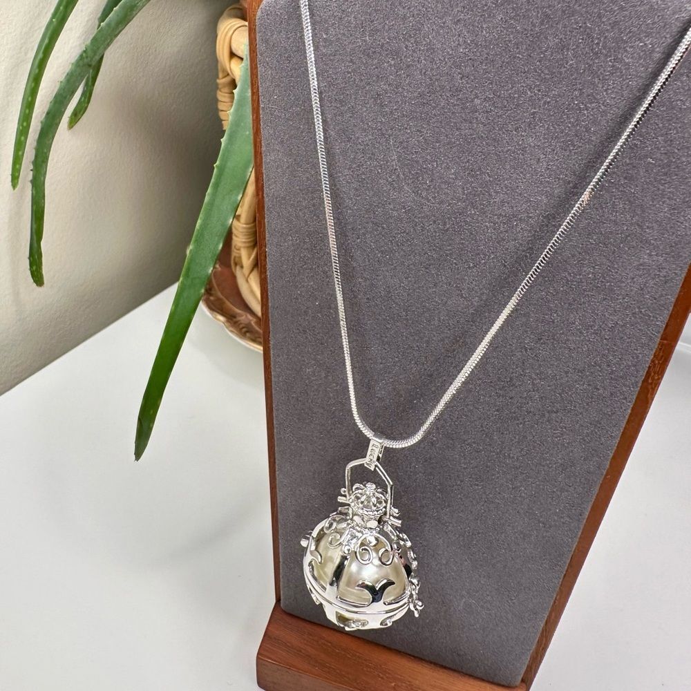 LUCKY Brand Locket Orb Pendant Necklace Silver Tone 34” Long Cage Pearl Ball
